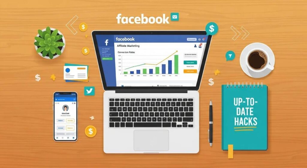 Laptop displaying Facebook affiliate marketing dashboard with graphs, smartphone, coffee cup, and text "UP-TO-DATE HACKS," symbolizing strategies for affiliate marketers.
