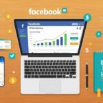 Laptop displaying Facebook marketing analytics, smartphone, and notepad, illustrating strategies for affiliate success in online business.