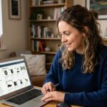 Woman analyzing affiliate products on a laptop, focused on selecting items that sell, in a cozy home environment.