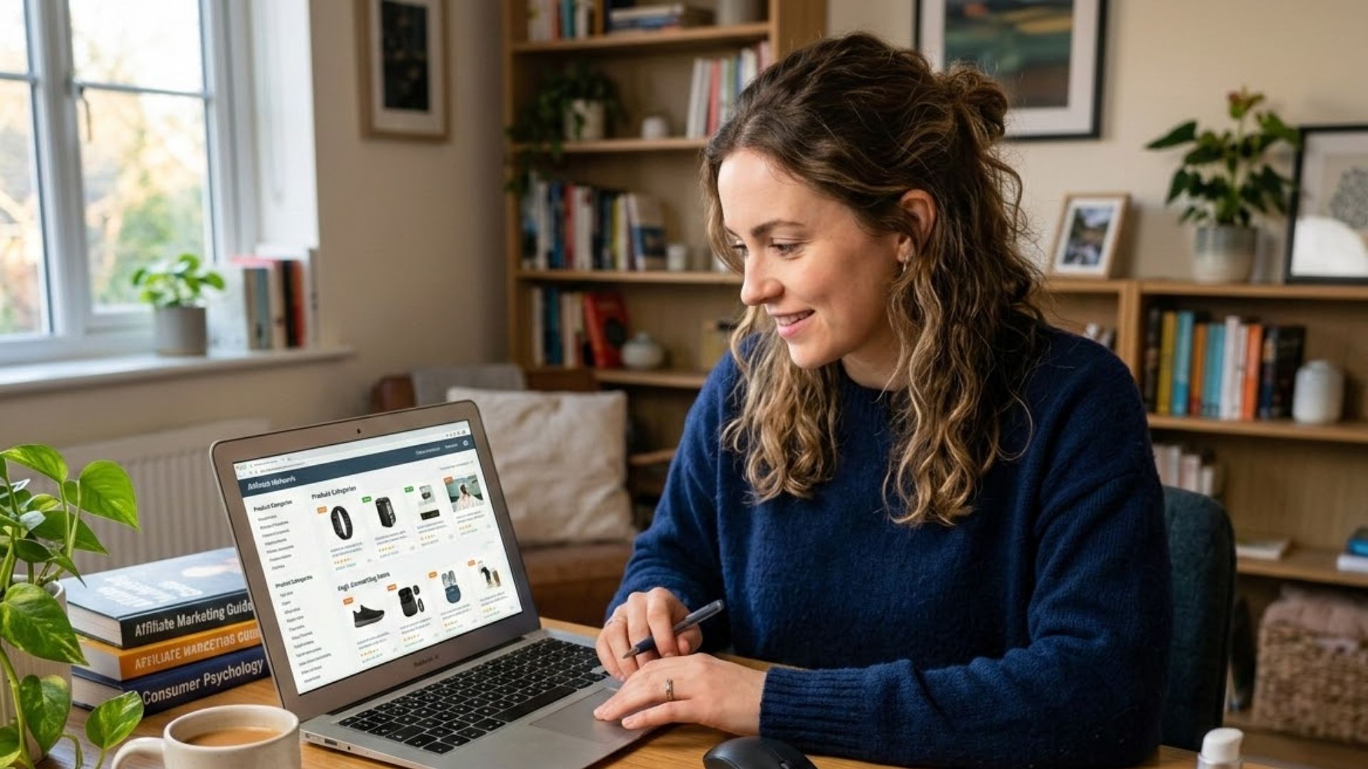 Woman using laptop to browse affiliate products in a home office setting, with books on marketing and a cup of coffee nearby.