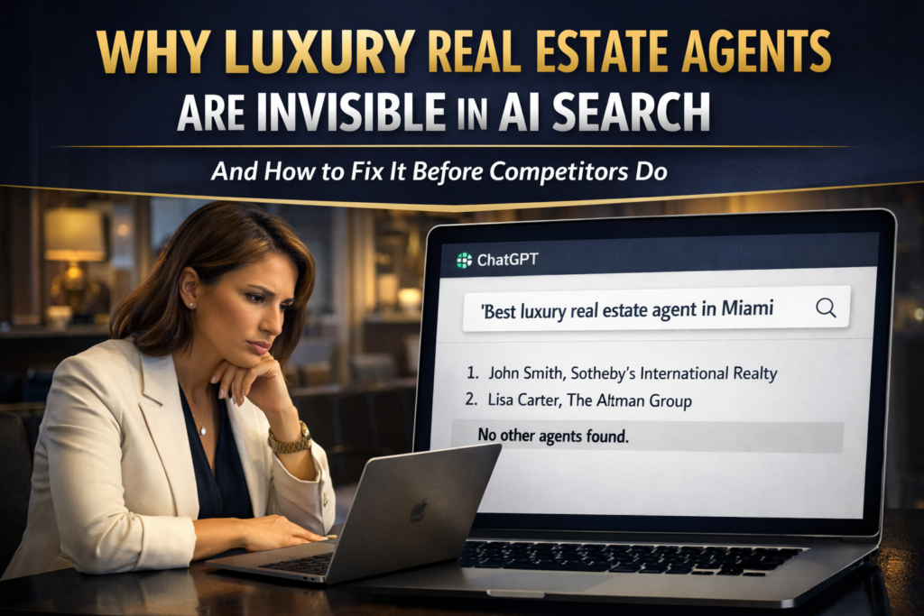 Luxury real estate agent analyzing AI search results on a laptop, highlighting visibility challenges in AI recommendations, with text showing search for top agents in Miami.