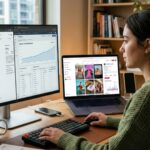 Woman analyzing data on a computer while managing social media content, illustrating digital marketing strategies for luxury real estate agents.