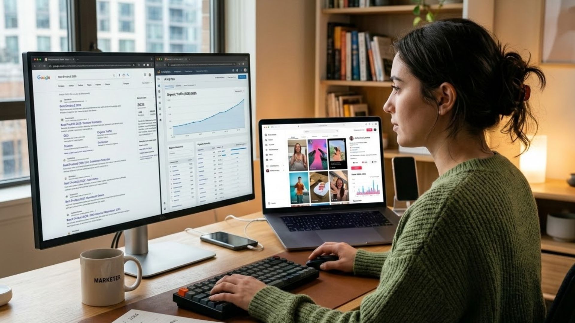 Woman analyzing SEO data on dual monitors while engaging with social media, emphasizing strategies for affiliate marketing success.
