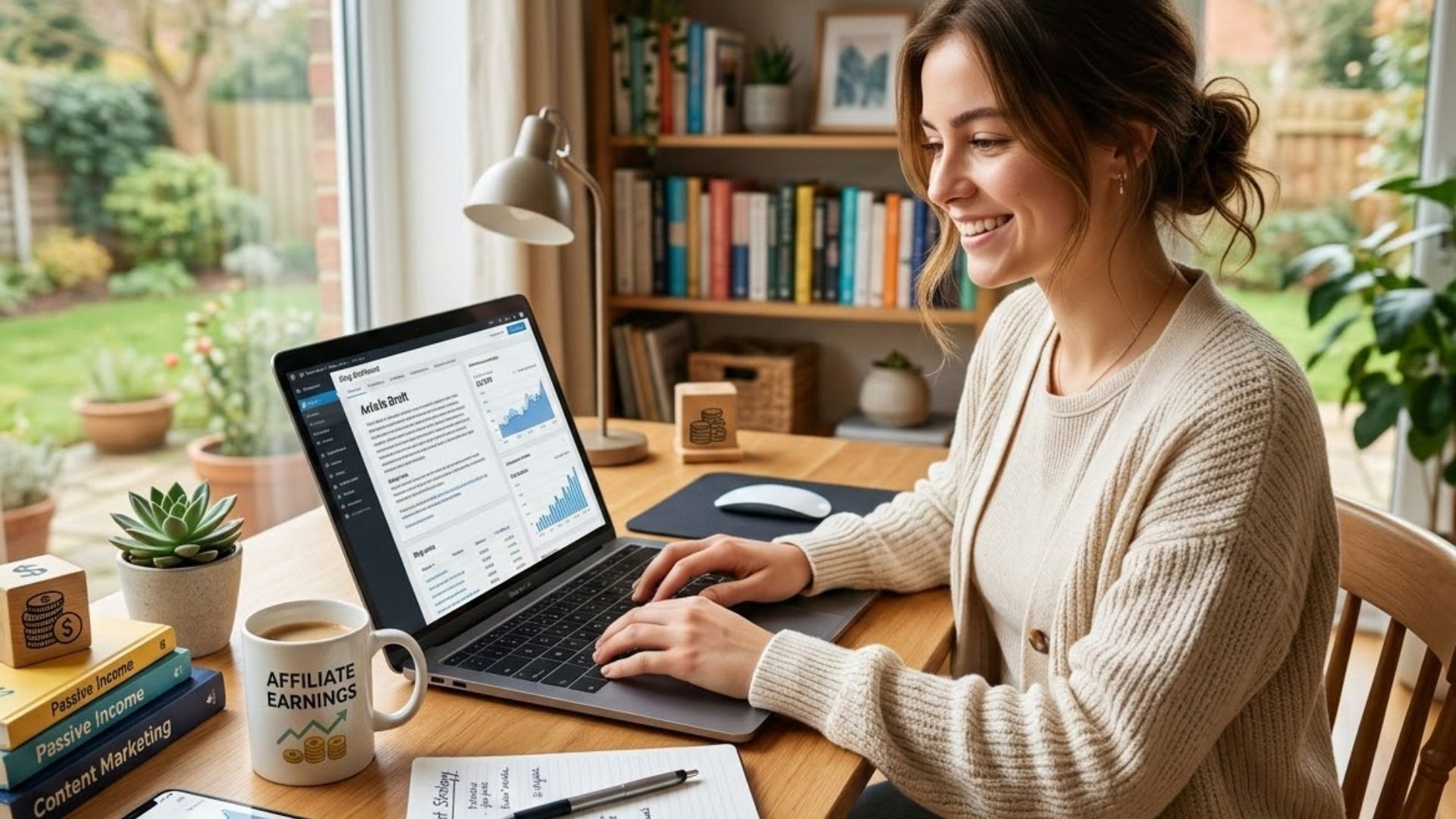 Woman working on a laptop at home, analyzing affiliate earnings data, with books on passive income and content marketing, coffee cup, and a cozy workspace.