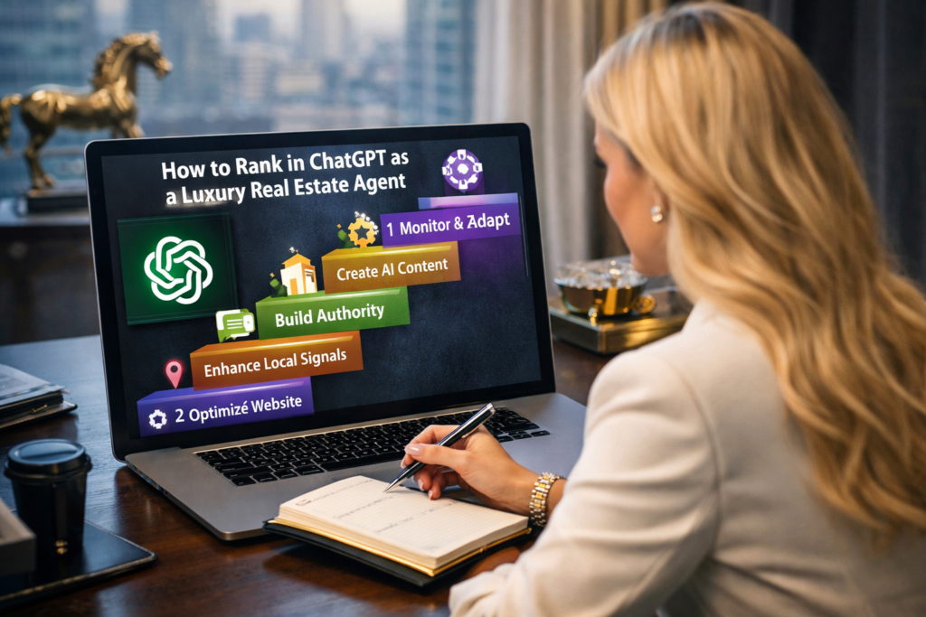Woman taking notes while viewing a laptop screen displaying a guide titled "How to Rank in ChatGPT as a Luxury Real Estate Agent," featuring strategies like "Monitor & Adapt," "Create AI Content," "Build Authority," "Enhance Local Signals," and "Optimize Website."