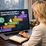Woman using laptop to explore strategies for ranking in ChatGPT as a luxury real estate agent, featuring keywords like "Create Content," "Build Authority," and "Optimize Website."