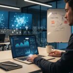 Digital workspace showcasing Answer Engine Optimization (AEO) lead generation strategies with a laptop and marketing elements