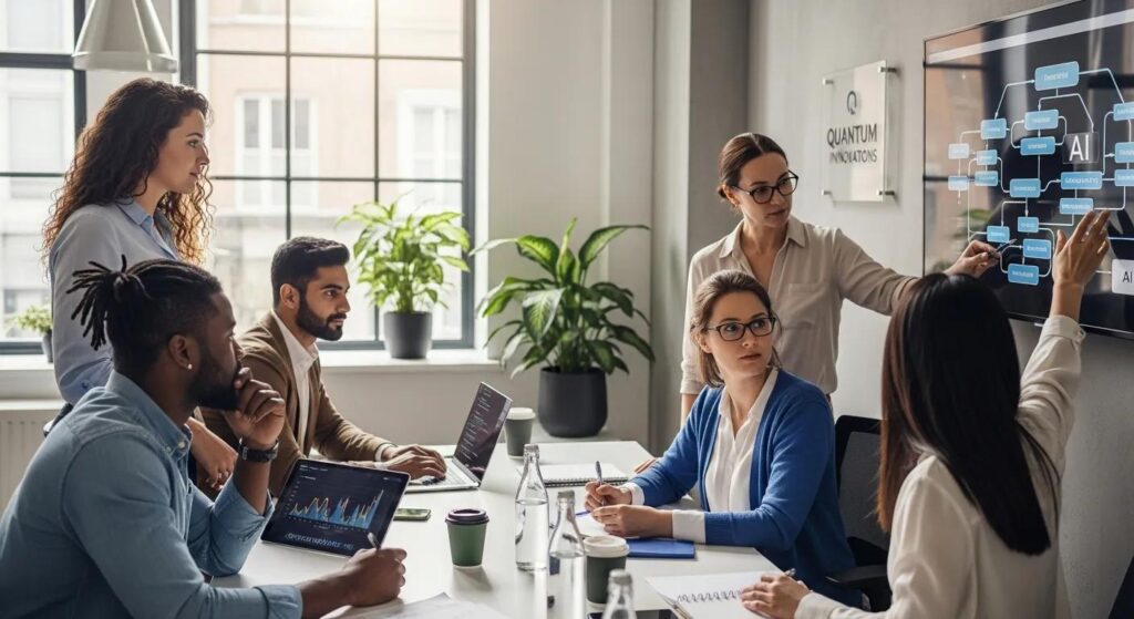 Diverse professionals collaborating in a modern office on AI search optimization strategies