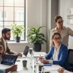 Diverse professionals collaborating in a modern office on AI search optimization strategies