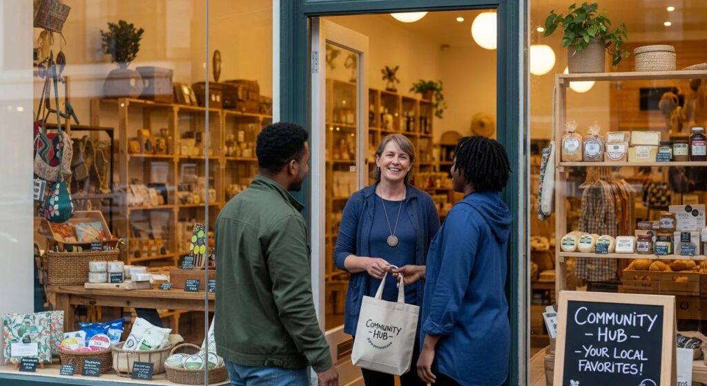 Local business owner engaging with customers in a welcoming storefront, emphasizing community and service