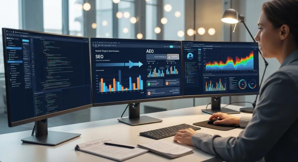 A professional analyzing data in a modern office representing the transition from SEO to AEO and the future of search